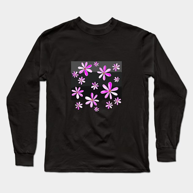 A Cascade of Daisies - Hand Drawn Design with Hot Pink Petals Long Sleeve T-Shirt by HeartLiftingArt